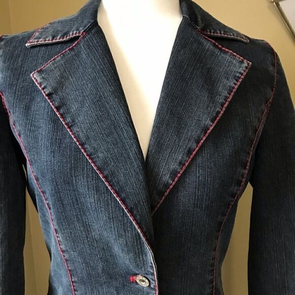 Fitted Collared One Button Denim Blazer/Jacket - Picture 5 of 8